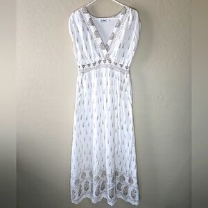 Lapogee Maxi Dress Women’s XL White Gold Paisley Smocked Boho